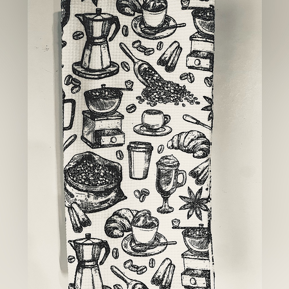 Set of 2 Coffee Textured Kitchen Towels Black White Espresso Beans Café Latte